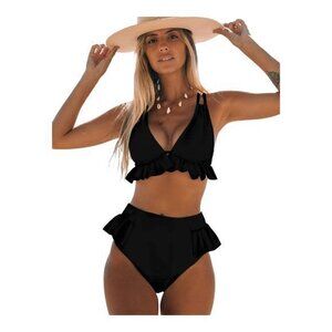 Swimsuit High Waisted Ruffle Bikini Bottom V-Neck Peplum Black Size XL NWT #0402